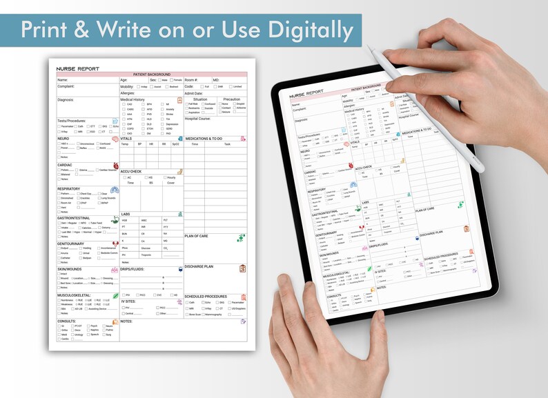 May include: A printable or digital nurse report form with sections for patient background, vital signs, medications, and more. The form is designed for nurses to document patient care.