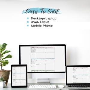 May include: A desktop computer, tablet, and laptop display a spreadsheet. The text "Easy To Edit" is above the list of devices: Desktop/Laptop, iPad/Tablet, and Mobile Phone. A potted plant is on the left.