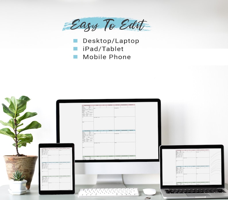 May include: A desktop computer, tablet, and laptop display a spreadsheet. The text "Easy To Edit" is above the list of devices: Desktop/Laptop, iPad/Tablet, and Mobile Phone. A potted plant is on the left.