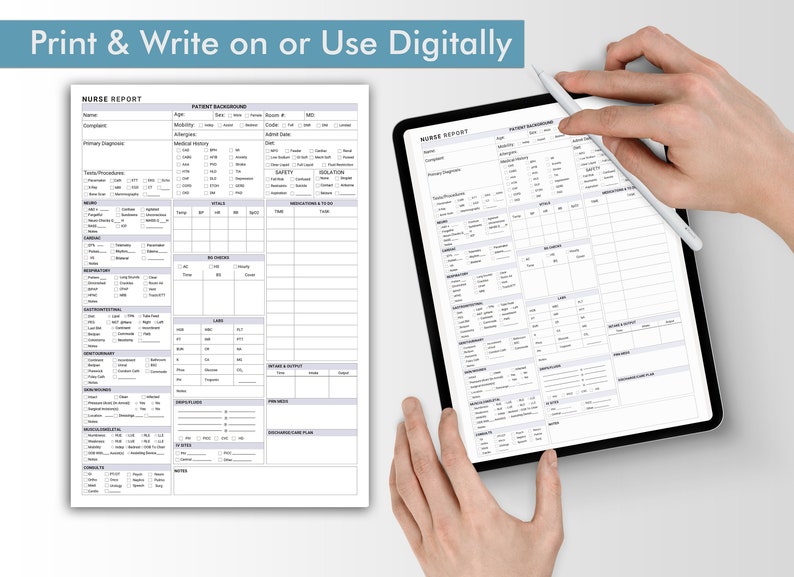 May include: A printable or digital nurse report form with sections for patient background, vital signs, medications, and more. The form is designed for use by nurses to document patient care.