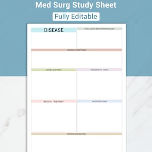 Pode incluir: Uma folha de estudo branca com o texto "Med Surg Study Sheet Fully Editable". A folha é dividida em seções para doença, etiologia, sinais, sintomas, complicações, testes diagnósticos, tratamento médico, intervenções e educação do paciente.