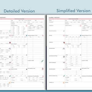 May include: A printable nurse report form with two versions: detailed and simplified. The form includes sections for patient background, vital signs, medications, tests, procedures, and more.