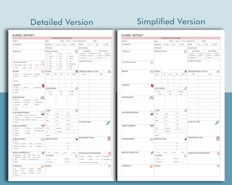 May include: A printable nurse report form with two versions: detailed and simplified. The form includes sections for patient background, vital signs, medications, tests, procedures, and more.