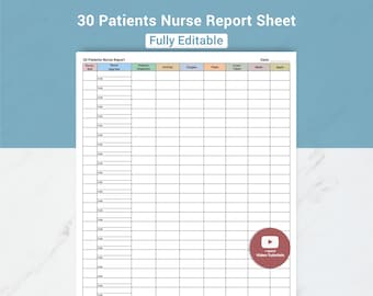 Feuille de rapport modifiable pour l'infirmière : modèle pour 30 patients en soins de longue durée (Canva, PDF)