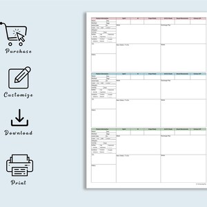 May include: A white medical chart with patient information sections, SpO2, IV, and discharge plan fields. Icons for purchase, customize, download, and print are on the left.