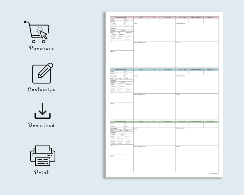 May include: A white medical chart with patient information sections, SpO2, IV, and discharge plan fields. Icons for purchase, customize, download, and print are on the left.