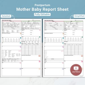 Hoja de informe de enfermería posparto editable / Hoja de informe de enfermería madre-bebé / Enfermería obstétrica madre-bebé / Traspaso de turno posparto Enfermería Brain Canva