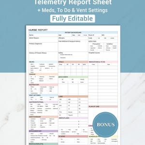 Peut inclure: Une feuille de rapport de télémétrie blanche avec des accents bleus, comprenant des sections pour les informations sur le patient, les signes vitaux, les médicaments et les notes. La feuille comprend le texte "Telemetry Report Sheet + Meds, To Do & Vent Settings Fully Editable."