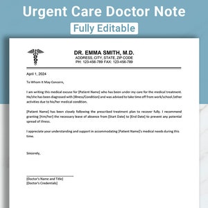 Nota editable del médico de atención de urgencia para el trabajo y la escuela, plantilla de nota de excusa del médico, carta de excusa del médico, nota del doctor Canva, MS Word, Google Docs