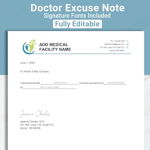 Nota del médico editable con firma/Nota de excusa del médico, Nota del Dr. para plantilla de excusa de trabajo/Carta de excusa del médico para la escuela, Nota de excusa del Dr.