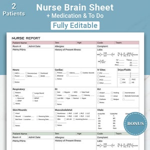 Foglio di relazione modificabile per infermieri di terapia intensiva, foglio di relazione di chirurgia medica per 2 pazienti Rapporto di trasferimento infermieristico, foglio di flusso di arrotondamento infermiere New Grad RN Canva e PDF