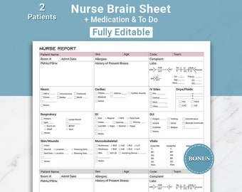 May include: A printable nurse brain sheet with two patient sections. The sheet includes sections for patient information, neuro, cardiac, respiratory, GI, GU, IV sites, drips/fluids, skin/wounds, musculoskeletal, and vitals. The sheet is fully editable.