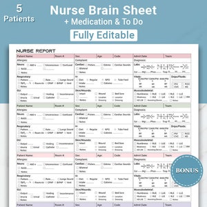 Editable Med Surg Report Sheet 5 Patients ICU Report Sheet Nursing Brain ER Nurse Report Sheet Rn Nursing Handoff W/ Meds Canva & PDF Files