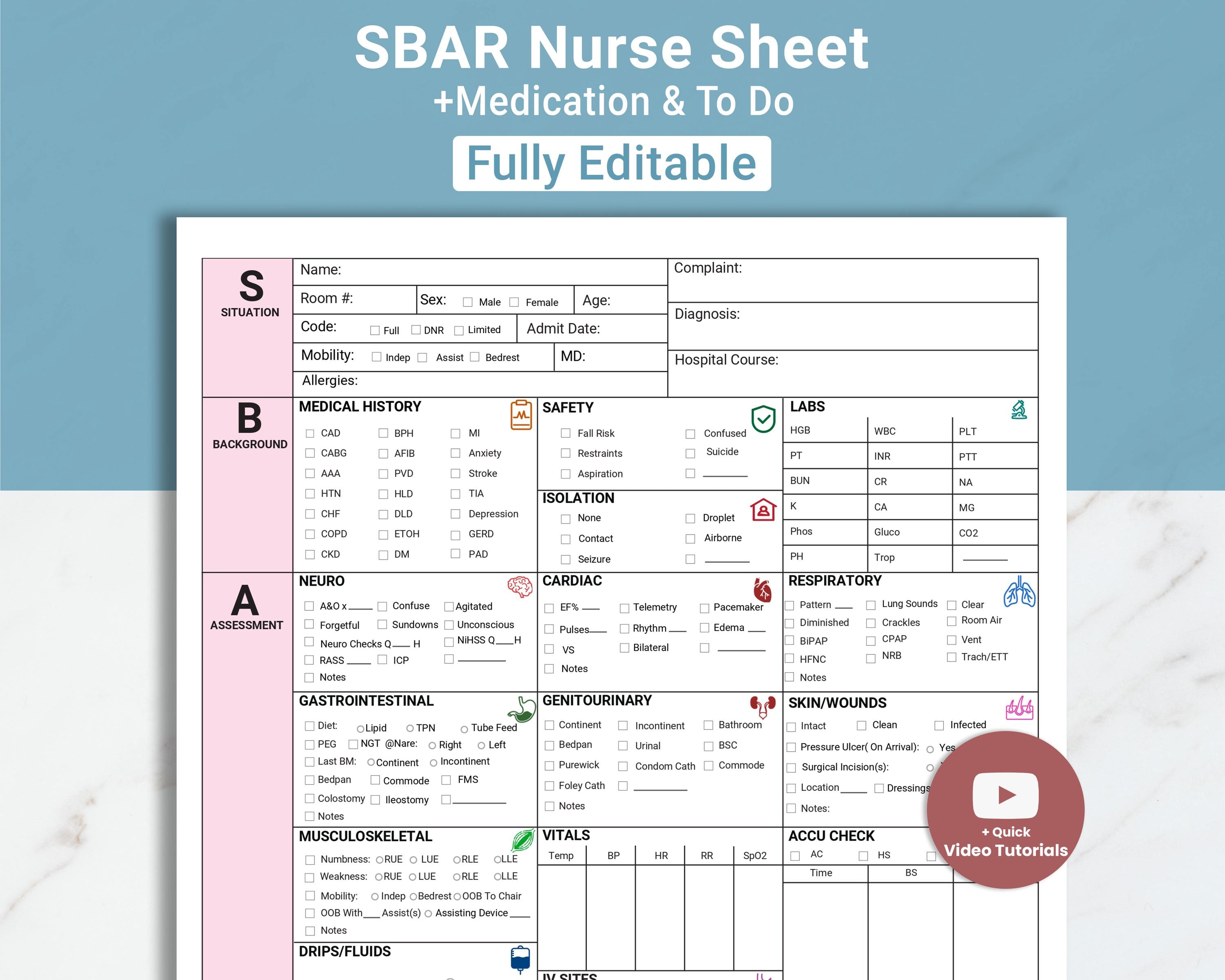 Editable SBAR Nurse Report Sheet Med Surg Nurse Brain Sheet ICU Nursing ...