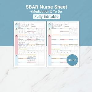 Könnte beinhalten: Zwei druckbare SBAR-Krankenschwesternblätter mit einem Bonusaufkleber. Die Blätter haben Abschnitte für Patienteninformationen, medizinische Vorgeschichte und Pflegepläne. Der Text "SBAR Nurse Sheet +Medication & To Do Fully Editable" steht oben.