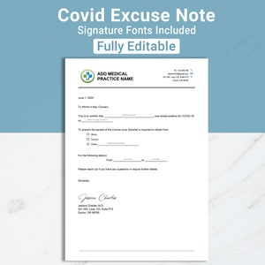 Nota de excusa del médico de Covid de atención urgente con firma, Nota de los médicos para el trabajo y la escuela Nota de excusa, Plantilla de nota del Dr. Canva, Word, Google Docs