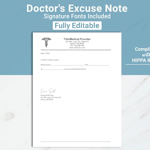Nota médica editable con firma, nota de excusa médica, carta de excusa médica, nota médica falsa para el trabajo y la escuela, Canva, Word, Google Docs