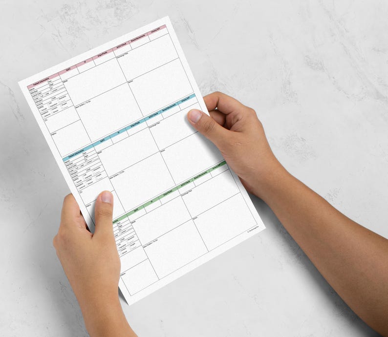 May include: A white medical patient information form printed on paper, featuring three distinct sections with pink, blue, and green headers. The document includes fields for patient details, medical history, and notes, organized in a grid layout.