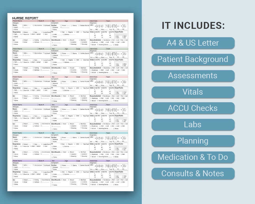 Editable ER Nurse Report Sheet, 6 Patient Nursing Report Sheet Med Surg ...