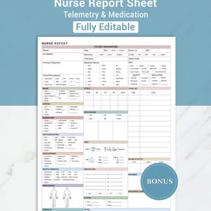May include: A printable nurse report sheet with sections for patient background, vitals, and medication details. The sheet includes areas for primary diagnosis, tests, and procedures. The text "Nurse Report Sheet" and "Fully Editable" are visible.