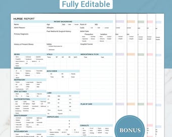 Editable Nursing Report Sheet Telemetry Nurse Brain Med Surg ICU Report Sheet Nurse SBAR Nursing Handoff Report W/ Vent Settings Canva & PDF