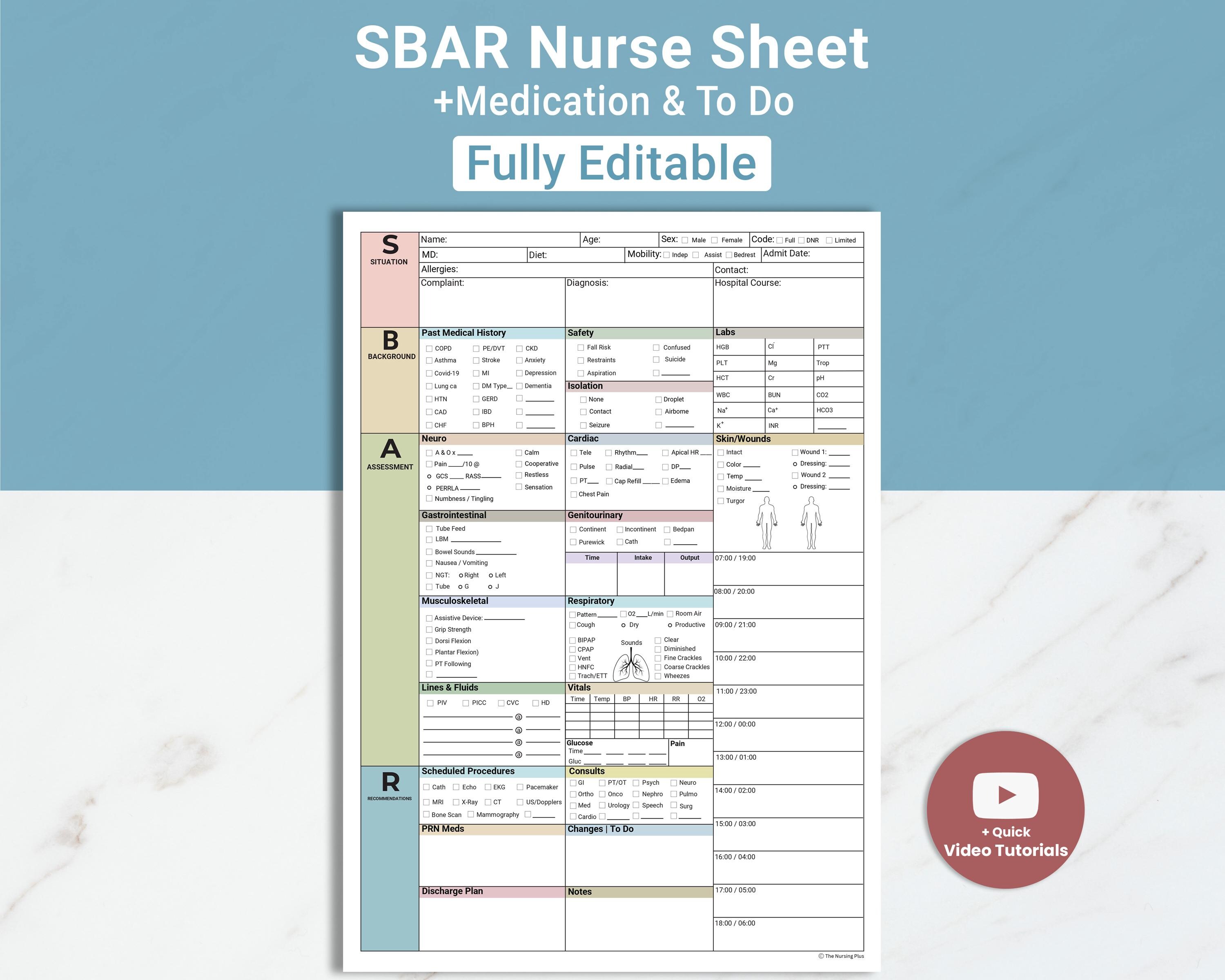 Editable SBAR Nursing Report Sheet Med Surg Nurse Brain ICU Report ...