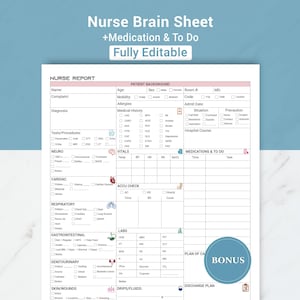 Editable ICU Nurse Report Sheet Med Surg, Nursing Report Sheet Nurse Brain New Grad, Report Sheet RN Patient Report W/ Meds, Canva & PDF image 1