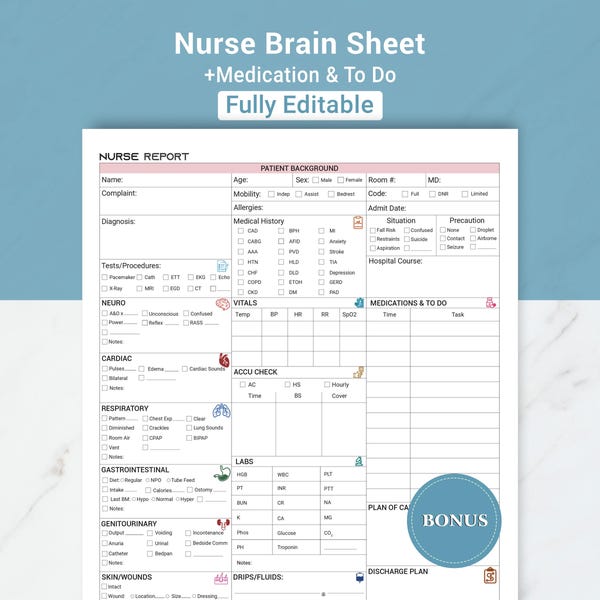 Editable ICU Nurse Report Sheet Med Surg, Nursing Report Sheet Nurse Brain New Grad, Report Sheet RN Patient Report W/ Meds, Canva & PDF