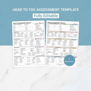 May include: Two printable "Head to Toe Assessment Checklist" templates. The templates are white with black text and include sections for patient information, neurological, cardiovascular, respiratory, and gastrointestinal assessments. The text "Fully Editable" is at the top.
