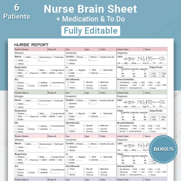 Hoja de informe de enfermería de urgencias editable, Hoja de informe de enfermería de 6 pacientes Med Surg, Hoja de informe de cerebro de enfermera de UCI Hoja de informe de transferencia de la escuela de enfermería Rn
