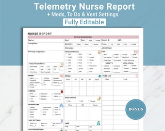 Editable Telemetry Nurse Report Sheet Cardiac Report Sheet Nursing Brain Sheet Med Surg Report Sheet Icu Patient Report W/ Meds & Vent Canva
