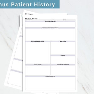 May include: A blank patient history form with sections for patient information, presenting complaint, medical and surgical history, medications, allergies, family history, social and daily life history, and examination notes.