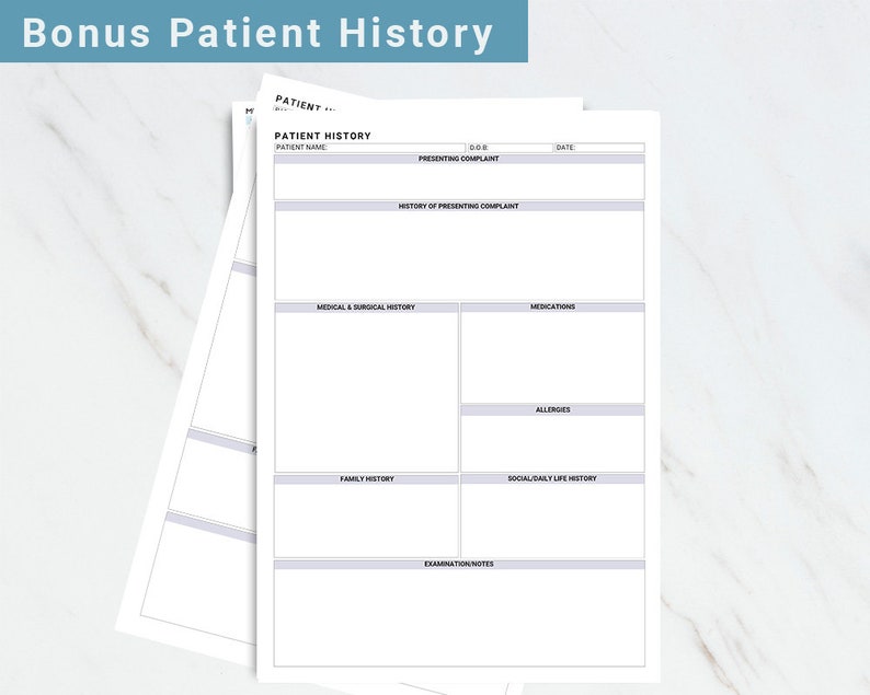 May include: A blank patient history form with sections for patient information, presenting complaint, medical and surgical history, medications, allergies, family history, social and daily life history, and examination notes.