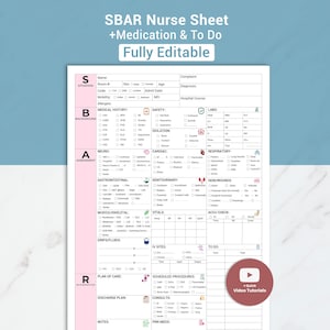以下が含まれることがあります： ピンクのアクセントと「SBAR Nurse Sheet +Medication & To Do Fully Editable」というテキストが入った白いSBAR看護師シート。シートには、患者情報、病歴、評価、To-Doリストのセクションが含まれています。「Quick Video Tutorials」というテキストが入った赤い円が右下にあります。