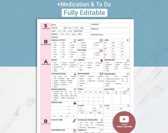 May include: A white SBAR nurse sheet with pink accents and the text "SBAR Nurse Sheet +Medication & To Do Fully Editable." The sheet includes sections for patient information, medical history, assessment, and a to-do list. A red circle with the text "Quick Video Tutorials" is in the bottom right.