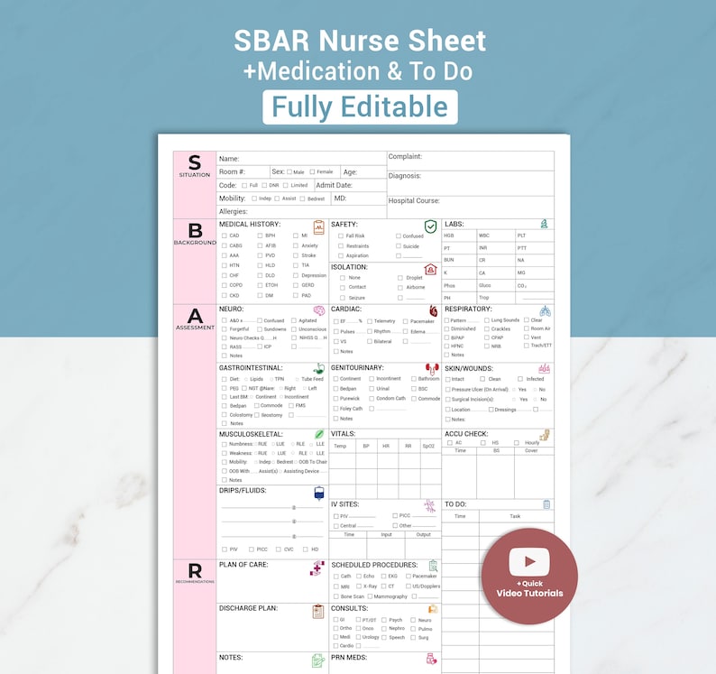 Editable SBAR Nurse Report Sheet Med Surg Nurse Brain Sheet ICU Nursing ...