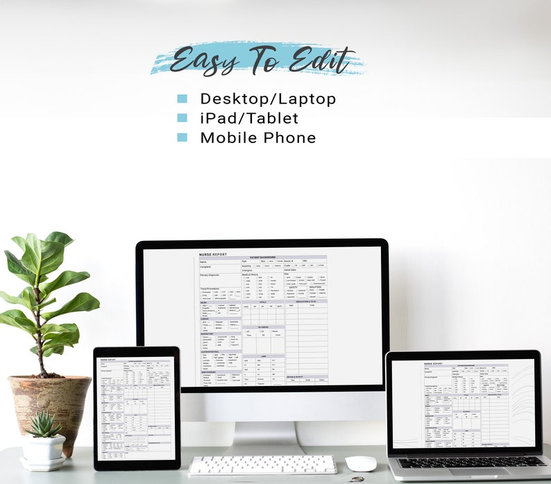 May include: A digital nurse report form displayed on a computer monitor, laptop, and tablet. The form includes sections for patient background, vital signs, medications, and other medical information.