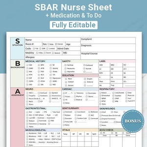 Foglio di relazione infermieristica SBAR modificabile Infermiere di chirurgia cerebrale Foglio di relazione di terapia intensiva cerebrale Trasferimento da infermiere per infermiere RN, infermiere neolaureato con telemetria e registro delle cose da fare