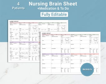 Bearbeitbares Krankenschwester-Datenblatt 4 Krankenschwester Brain Med Surg ICU-Datenblatt Nursing Brain Sheet Medikamente, Labore und To-Do-Krankenschwester-Schichtübergabe