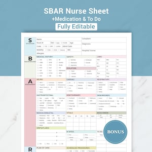 Editable SBAR Nursing Report Sheet Med Surg Nurse Brain ICU Report Sheet Nurse Handoff for Nurse RN, New Grad Nurse W/ Telemetry & To-Do Log