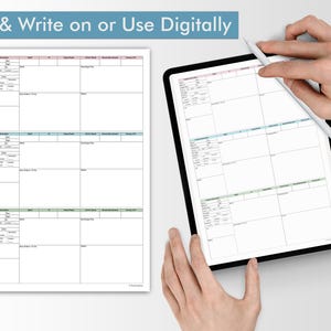 May include: A digital planner displayed on a tablet and a printed planner on a white surface. The digital planner is being used with a stylus. The text at the top says "Print & Write on or Use Digitally". The planners have a grid layout.