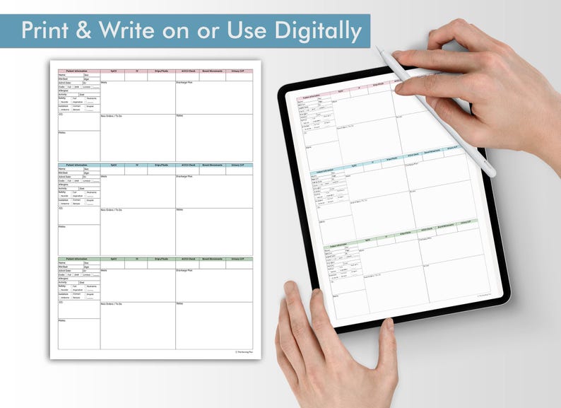 May include: A digital planner displayed on a tablet and a printed planner on a white surface. The digital planner is being used with a stylus. The text at the top says "Print & Write on or Use Digitally". The planners have a grid layout.