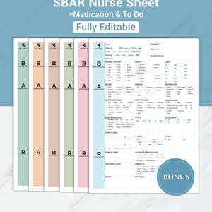 May include: A set of SBAR nurse sheets with the text "SBAR Nurse Sheet +Medication & To Do Fully Editable." The sheets are in various pastel colors, including blue, green, peach, and pink. The sheets are designed for medical documentation.