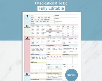 Editable SBAR Nursing Report Sheet Med Surg Nurse Brain ICU Report Sheet Nurse Handoff for Nurse RN, New Grad Nurse W/ Telemetry & To-Do Log