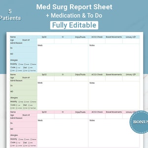 May include: A medical report sheet with sections for patient details, including name, age, and medical information. The sheet includes space for SpO2, IV, and medication notes. The text "Fully Editable" is displayed at the top.