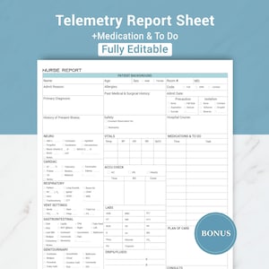 Editable Cardiac Nurse Report Sheet Telemetry Nurse Brain Report Sheet Med Surg Nursing Shift Report SBAR Nurse W/ Vent Setting, Canva & PDF
