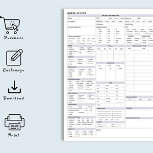 May include: A printable nurse report form with sections for patient background, vital signs, big checks, labs, intake and output, pin meds, discharge care plan, and notes. The form is designed for nurses to document patient information and care.