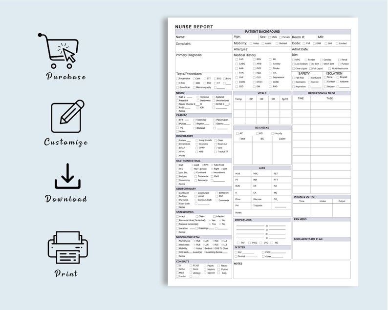 May include: A printable nurse report form with sections for patient background, vital signs, big checks, labs, intake and output, pin meds, discharge care plan, and notes. The form is designed for nurses to document patient information and care.