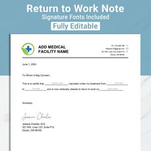 Nota médica editable para regresar al trabajo con firma Plantilla de nota de excusa médica Nota médica para el trabajo y la escuela Excusa médica Canva, Word, Google