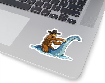 Cowboy Sasquatch Riding the Loch Ness Monster Kiss-Cut Sticker | Water Bottle, Laptop, Helmet Sticker | 2x2, 3x3, 4x4 & 6x6 Inch Options